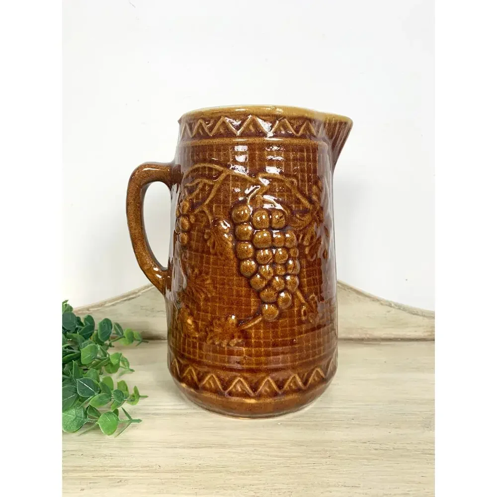Antique North Star Stoneware Pitcher Brown Glaze Jug Vase Rustic Cottagecore